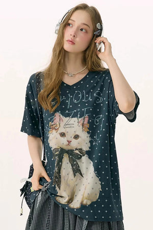Grey Polka Dot Cat V-Neck Top