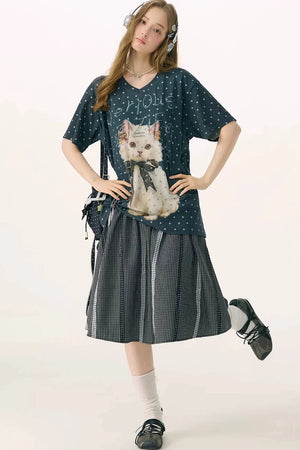 Grey Polka Dot Cat V-Neck Top