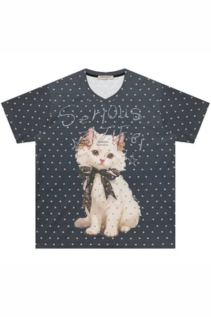 Grey Polka Dot Cat V-Neck Top
