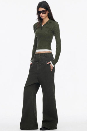 Half-Turtleneck Zip-Up Knitted Design Top