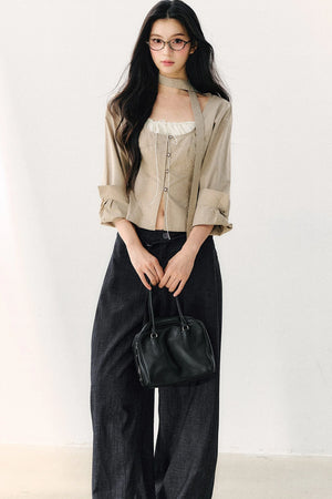 Halter Neck Ribbon Patchwork Long Sleeve Top
