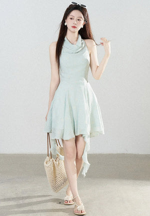 Halter Neck Sleeveless Irregular Hem Ruffle Dress