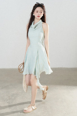 Halter Neck Sleeveless Irregular Hem Ruffle Dress
