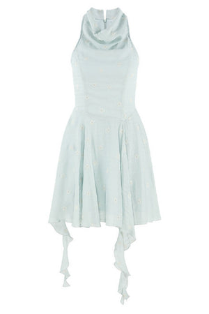 Halter Neck Sleeveless Irregular Hem Ruffle Dress