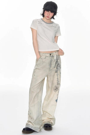 Hand-Painted 3D Printed Womens Wide-Leg Pants