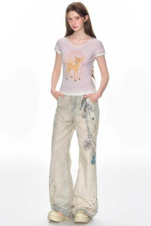 Hand-Painted 3D Printed Womens Wide-Leg Pants