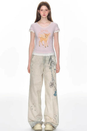 Hand-Painted 3D Printed Womens Wide-Leg Pants