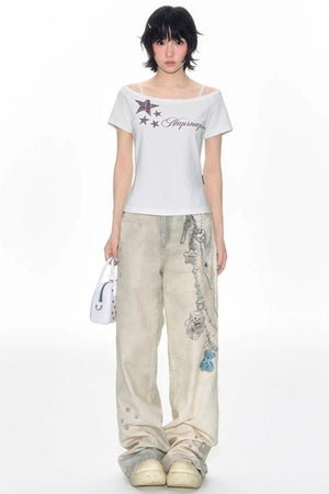 Hand-Painted 3D Printed Womens Wide-Leg Pants
