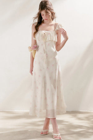 Hand-Painted Blurred Rose Print Lace Patchwork Long Dress