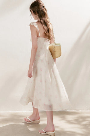 Hand-Painted Blurred Rose Print Lace Patchwork Long Dress