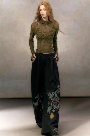 Hand-Painted Floral Wide-Leg Pants