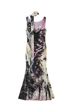 Hand-Painted Mesh Asymmetric Shoulder Dress