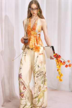 Hand-Painted Plant Print Wide Leg Pants