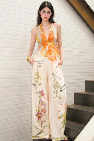 Hand-Painted Plant Print Wide Leg Pants