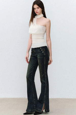 Heart Button Slit Flared Jeans