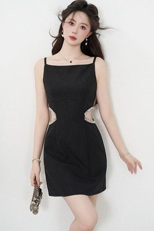 Heavy Beading Black Spaghetti Strap Dress