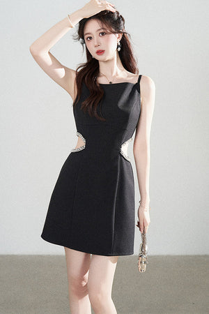 Heavy Beading Black Spaghetti Strap Dress