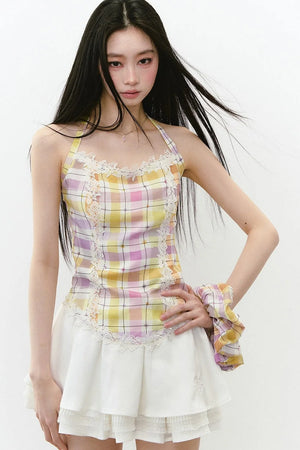 Heavy Lace Patchwork Halter Tank Top