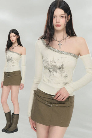 Heavy Rhinestone Off-Shoulder Top