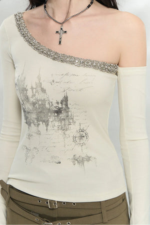 Heavy Rhinestone Off-Shoulder Top