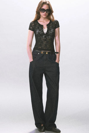 Henry Collar Semi-Sheer Lace T-Shirt