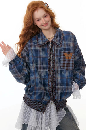 High-End Retro Blue Plaid Jacket