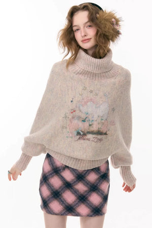 High-Neck Batwing Apricot Sweater
