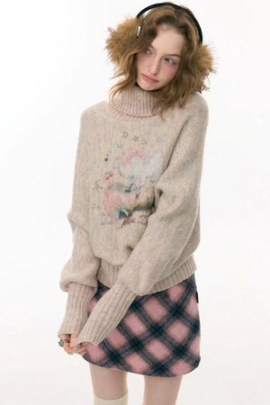 High-Neck Batwing Apricot Sweater