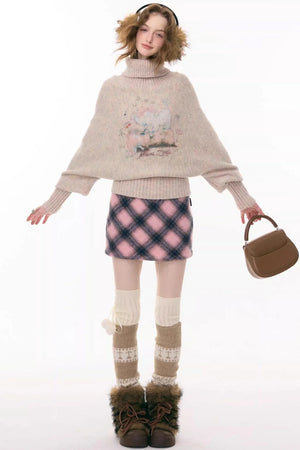 High-Neck Batwing Apricot Sweater