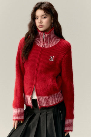 High Neck Contrast Knit Cardigan