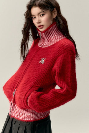 High Neck Contrast Knit Cardigan