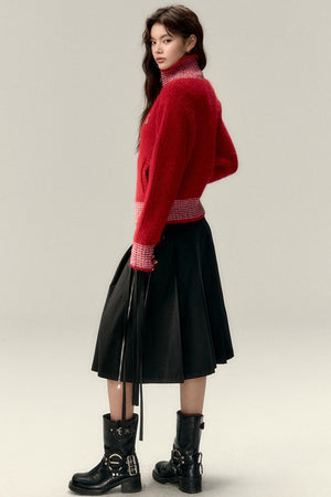 High Neck Contrast Knit Cardigan