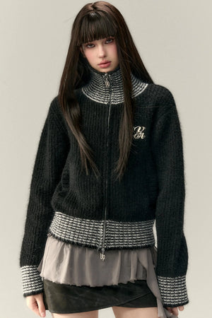 High Neck Contrast Knit Cardigan