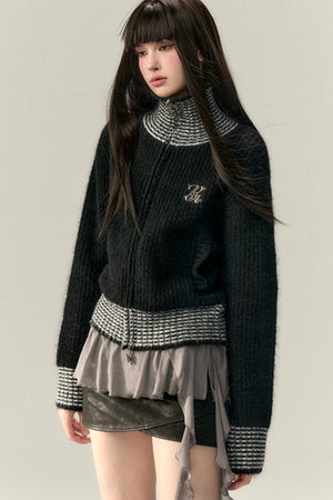 High Neck Contrast Knit Cardigan