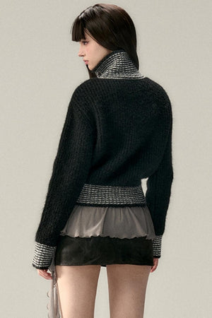High Neck Contrast Knit Cardigan