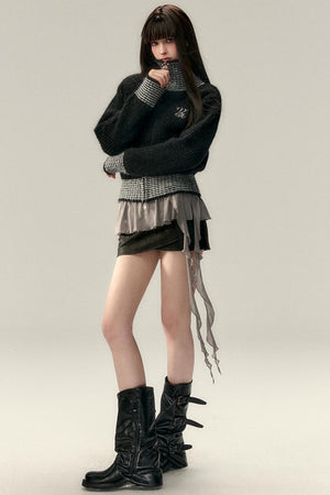 High Neck Contrast Knit Cardigan