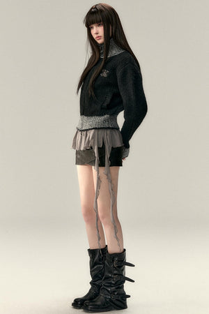 High Neck Contrast Knit Cardigan
