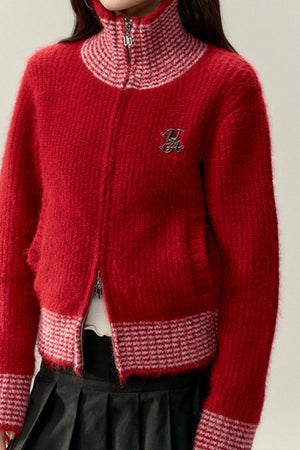 High Neck Contrast Knit Cardigan