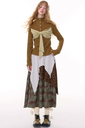 High Waist Irregular Plaid Leopard Print Midi Skirt