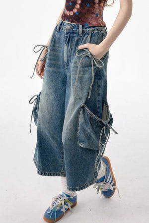 High-Waist Tie-Waist Cargo Denim Wide-Leg Pants