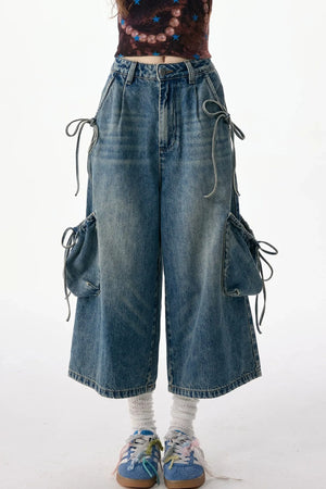 High-Waist Tie-Waist Cargo Denim Wide-Leg Pants