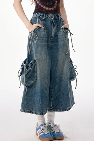 High-Waist Tie-Waist Cargo Denim Wide-Leg Pants