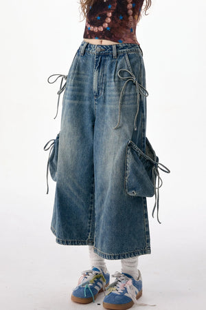 High-Waist Tie-Waist Cargo Denim Wide-Leg Pants