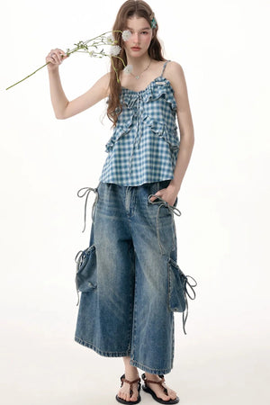 High-Waist Tie-Waist Cargo Denim Wide-Leg Pants