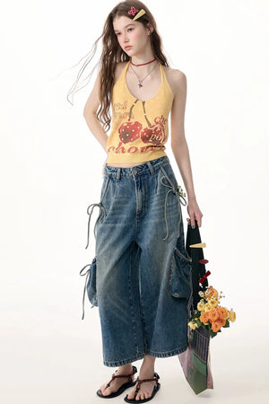 High-Waist Tie-Waist Cargo Denim Wide-Leg Pants