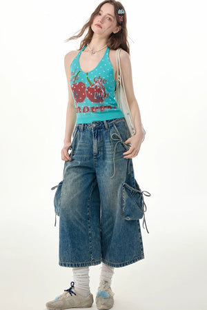 High-Waist Tie-Waist Cargo Denim Wide-Leg Pants