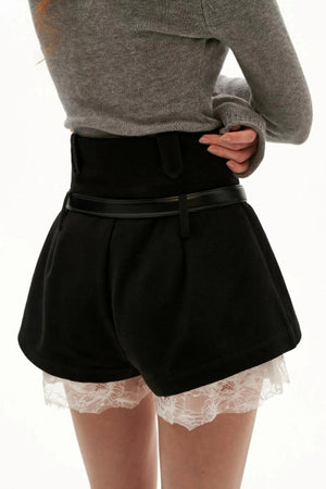 High-Waisted Buttoned Lace-Hem A-Line Shorts