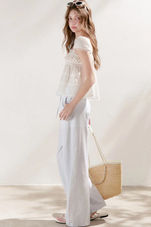 High-Waisted Linen Cotton Drawstring Wide-Leg Pants