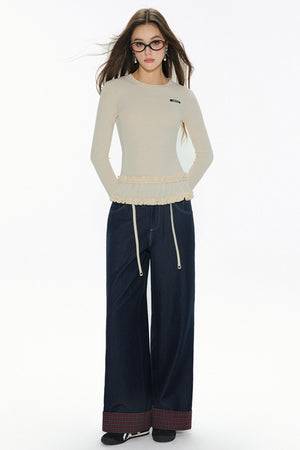 High-Waisted Navy Checkered Wide-Leg Pants