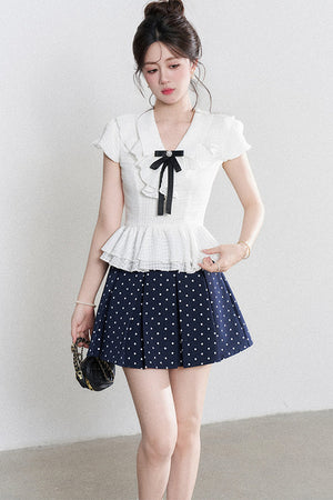 High-Waisted Polka Dot Skirt with Ruffle Shirt Set
